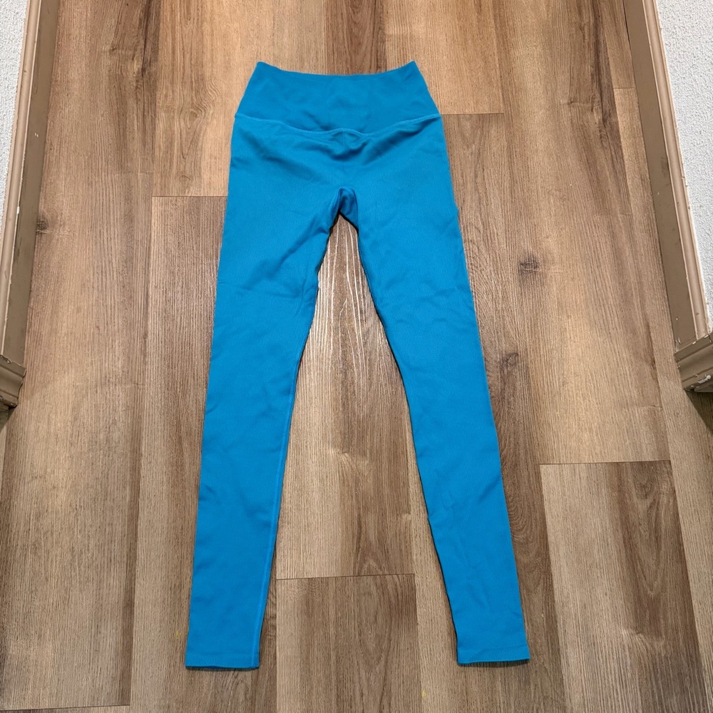 Alo Yoga XS Mindful Movement High Rise Ribbed Seamless Leggings Turquoise Blue